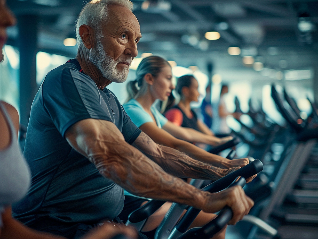 Люди різного віку займаються фітнесом в сучасному залі